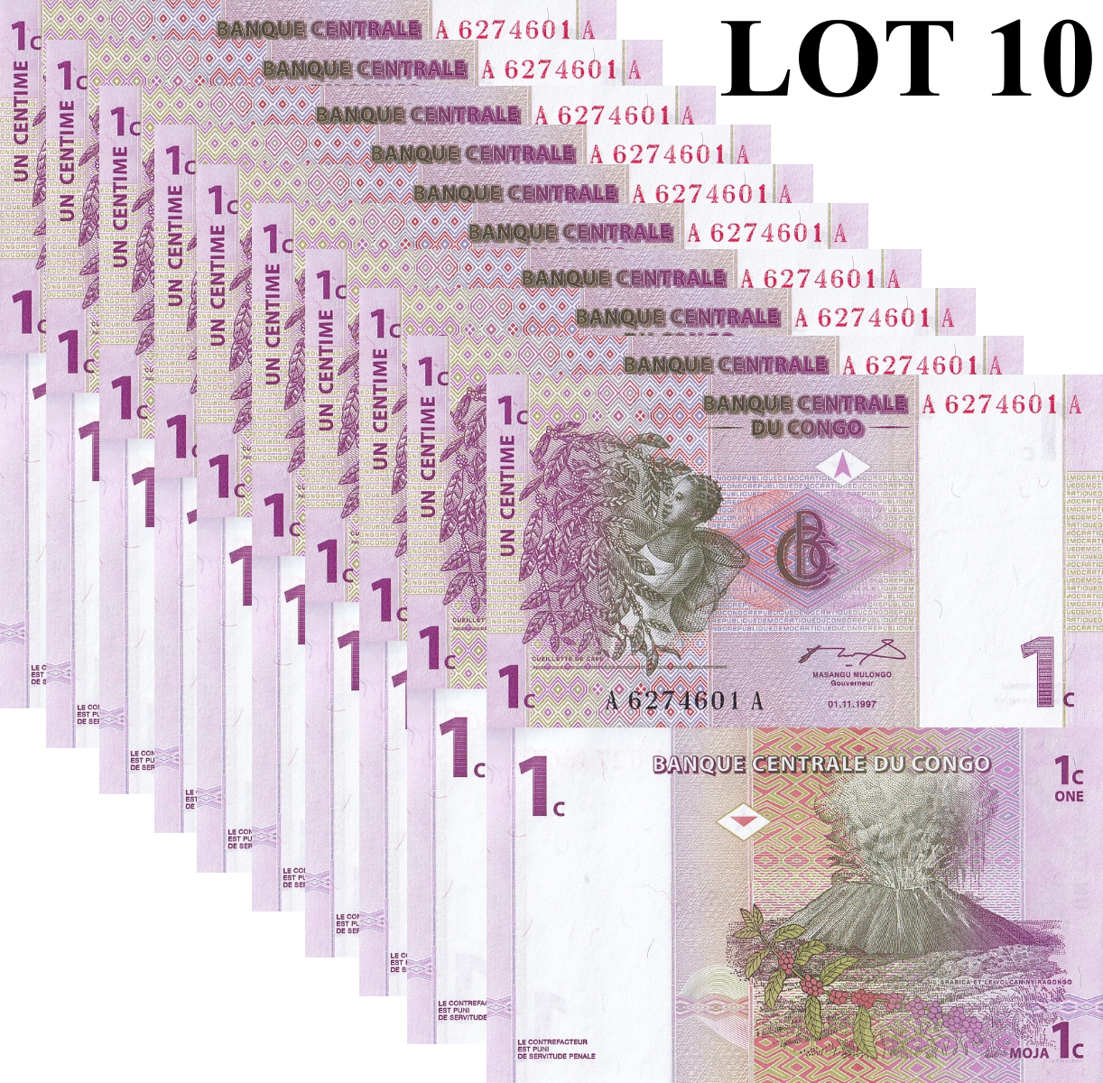 Congo Democratic Republic 1 Centime 1997 P 80 UNC 1/10 Bundle Lot 10 pcs