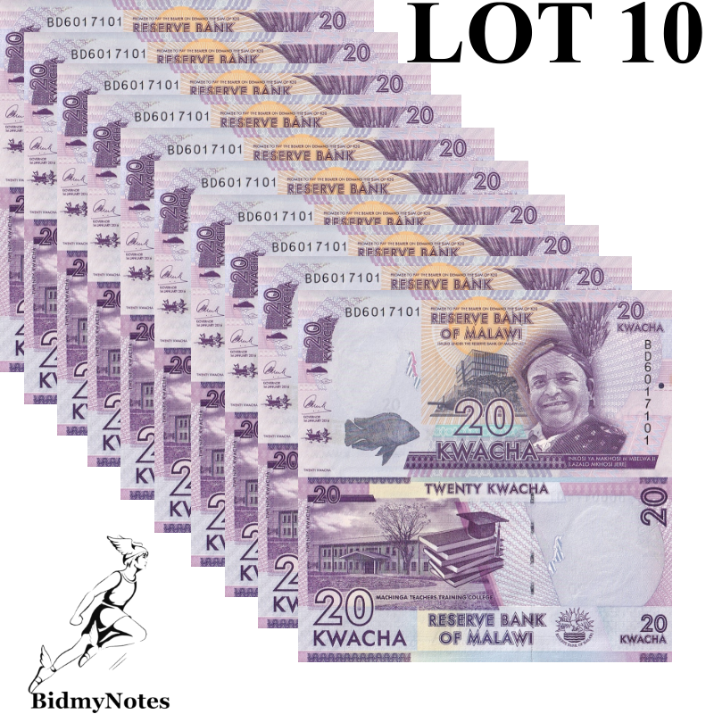 Malawi 20 Kwacha 2016 P 63c UNC 1/10 Bundle LOT 10 pcs