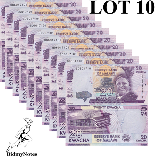 Malawi 20 Kwacha 2016 P 63c UNC 1/10 Bundle LOT 10 pcs