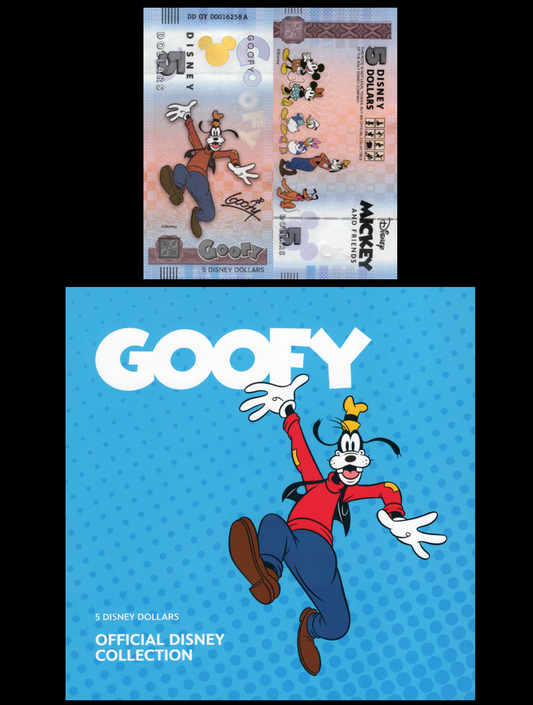 Disney Official Mickey Mouse & Frinds 5 Dollars 2025 Goofy UNC With Folder
