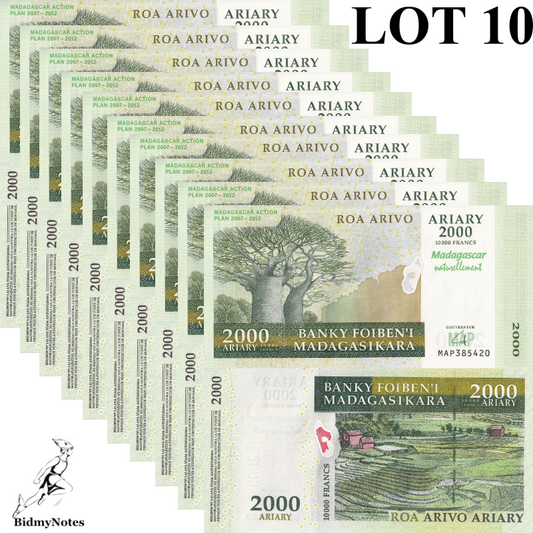 Madagascar 2000 Ariary 2007 P 93 UNC 1/10 Bundle LOT 10 pcs