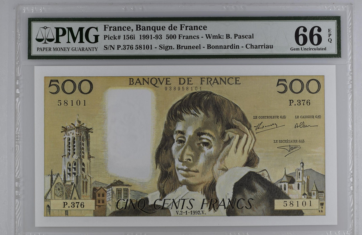 France Banque de France 500 Francs 1991 - 1993 P 156i UNC PMG 66 EPQ 2nd TOP POP