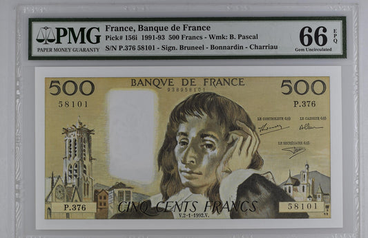 France Banque de France 500 Francs 1991 - 1993 P 156i UNC PMG 66 EPQ 2nd TOP POP