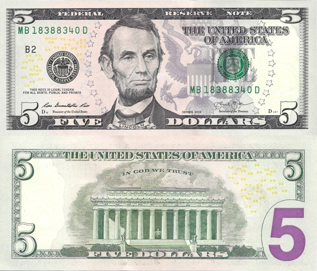 United States of America USA 5 Dollars 2013 P 539 "B" NEW YORK UNC