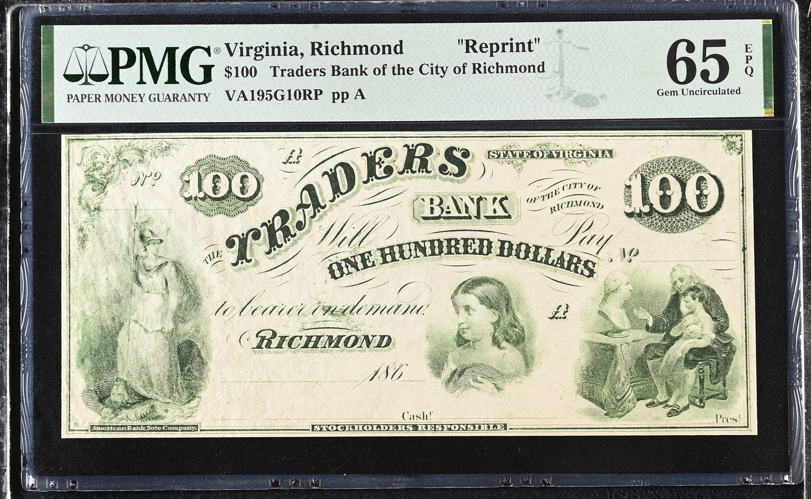 Virginia Richmond Reprint 20-100 Obsolete Bank Note UNC PMG 64 65 EPQ Set 3 pcs