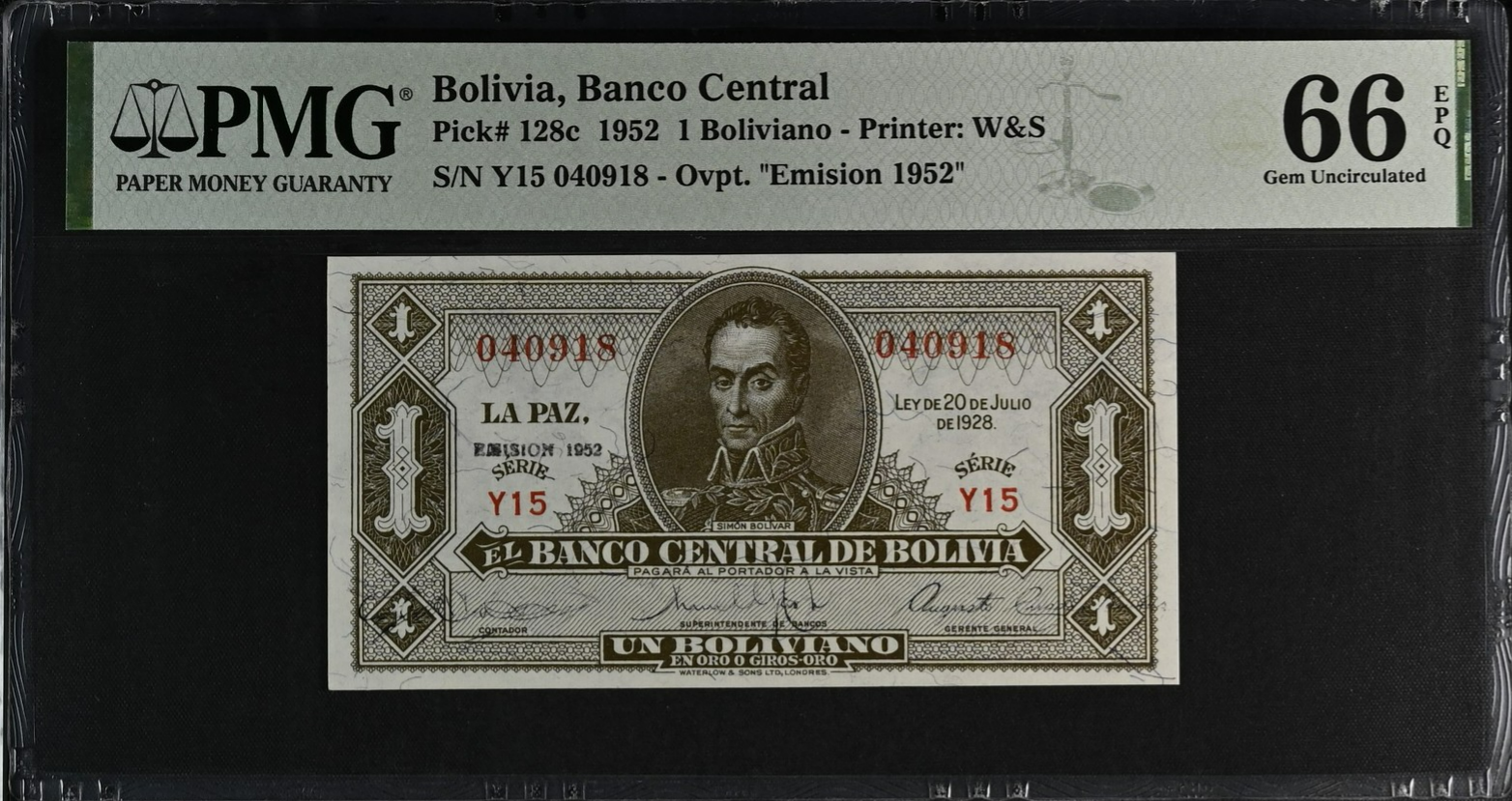 Bolivia Banco Central 1 Boliviano 1952 P 128c UNC PMG 66 EPQ 2nd TOP POP