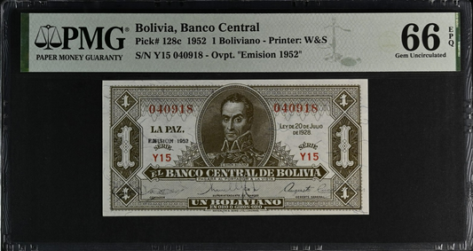 Bolivia Banco Central 1 Boliviano 1952 P 128c UNC PMG 66 EPQ 2nd TOP POP