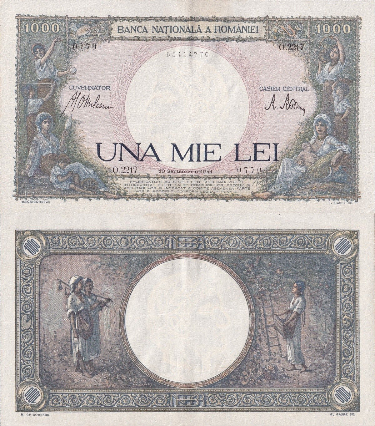 Romania 1000 Lei 1941 P 52 UNC FOXING