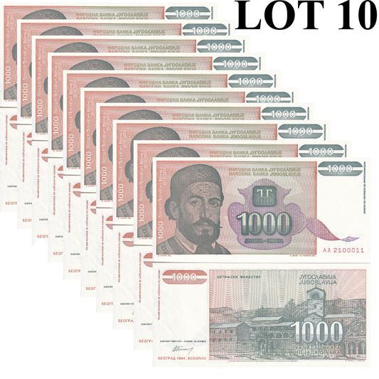 Yugoslavia 1000 Dinara 1994 P 140a UNC AA First Prefix 1/10 Bundle LOT 10 pcs
