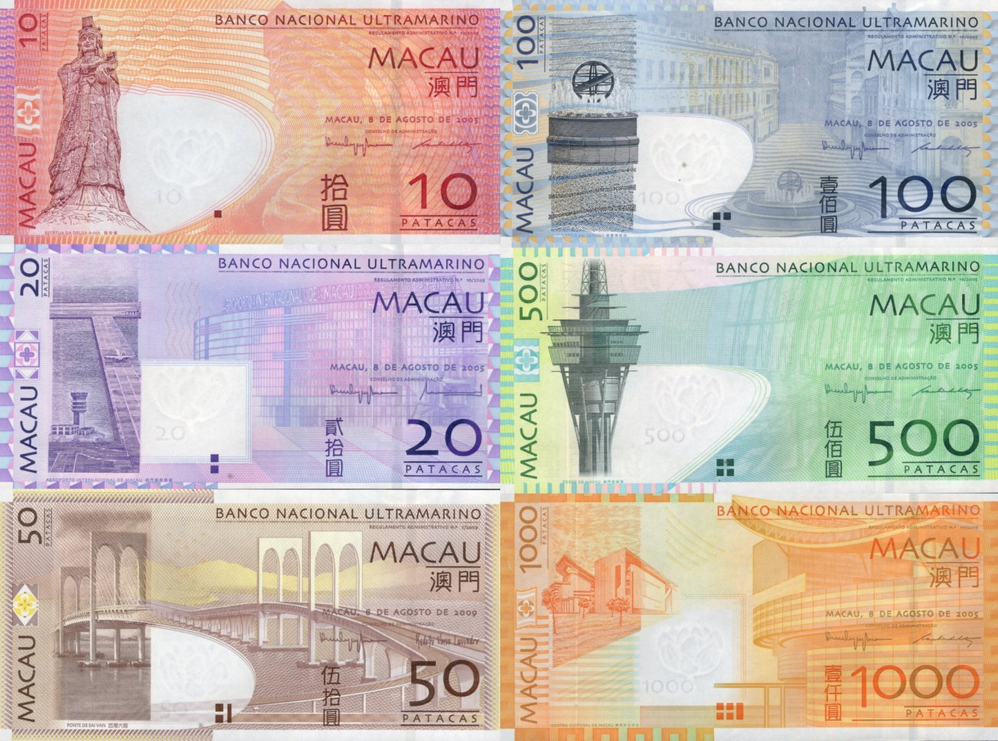 Macau Macao 10-1000 Patacs 2005-2009 P 80a-84a UNC BNU Set 6 pcs ZZ Replacement