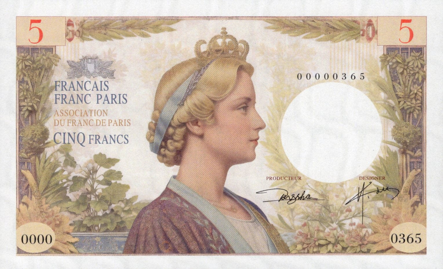 French TEST NOTE 5 Francs Oil Painting Style beauty Commemorative Banknote UNC