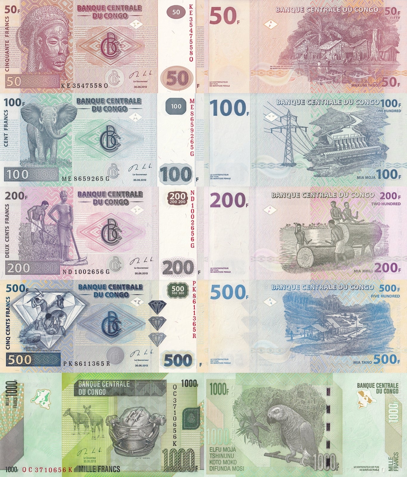 Congo 50 100 200 500 1000 Francs 2013 P 97a 98A 99b 96a 101b UNC Set 5 pcs