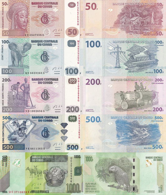Congo 50 100 200 500 1000 Francs 2013 P 97a 98A 99b 96a 101b UNC Set 5 pcs