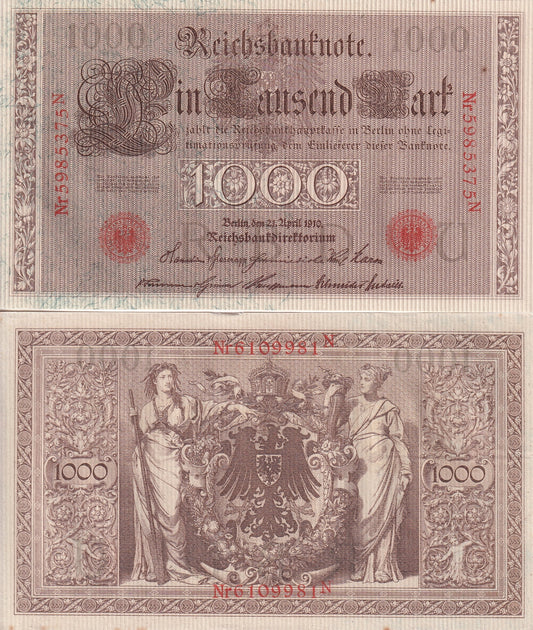 Germany 1000 Mark 1910 P 44 AU UNC Old LARGE Banknote Pre WWI Minor Foxing