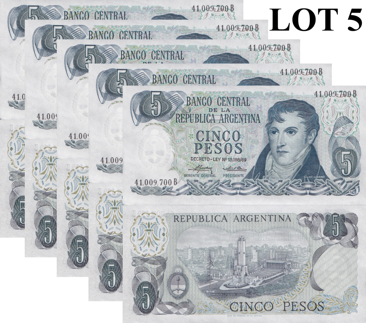 Argentina 5 Pesos ND 1974-1976 P 294 UNC 1/20 Bundle Lot 5 pcs