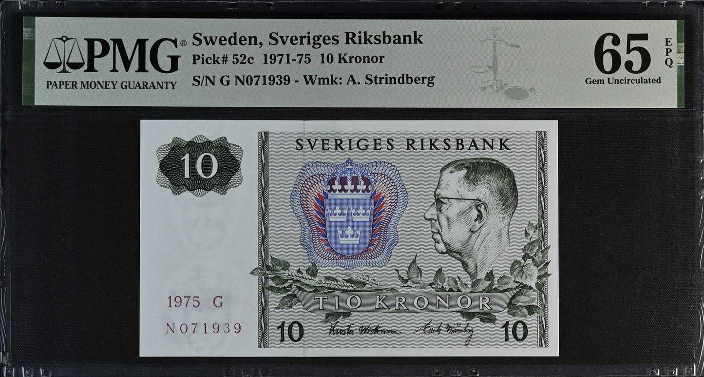 Sweden Sveriges Riksbank 10 Kronor 1971-75 P 52c UNC PMG 65 EPQ
