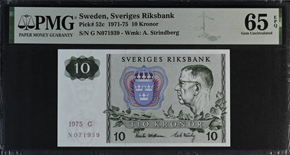 Sweden Sveriges Riksbank 10 Kronor 1971-75 P 52c UNC PMG 65 EPQ