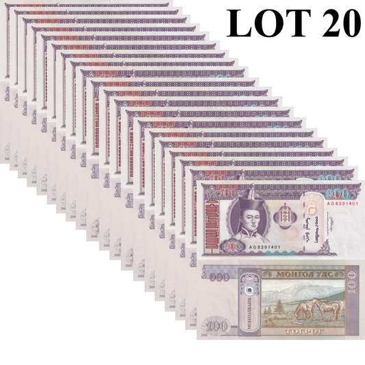 Mongolia 100 Togrog 2008 P 65b UNC 1/5 Bundle LOT 20 pcs