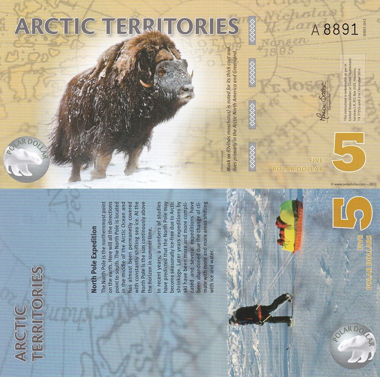 Arctic Territories 5 Polar Dollars 2012 UNC Series A Polymer Note
