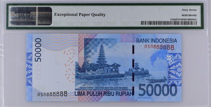 Indonesia 50000 Rupiah 2005 / 2013 P 152d UNC PMG 67 EPQ SOLID 8 - 888888