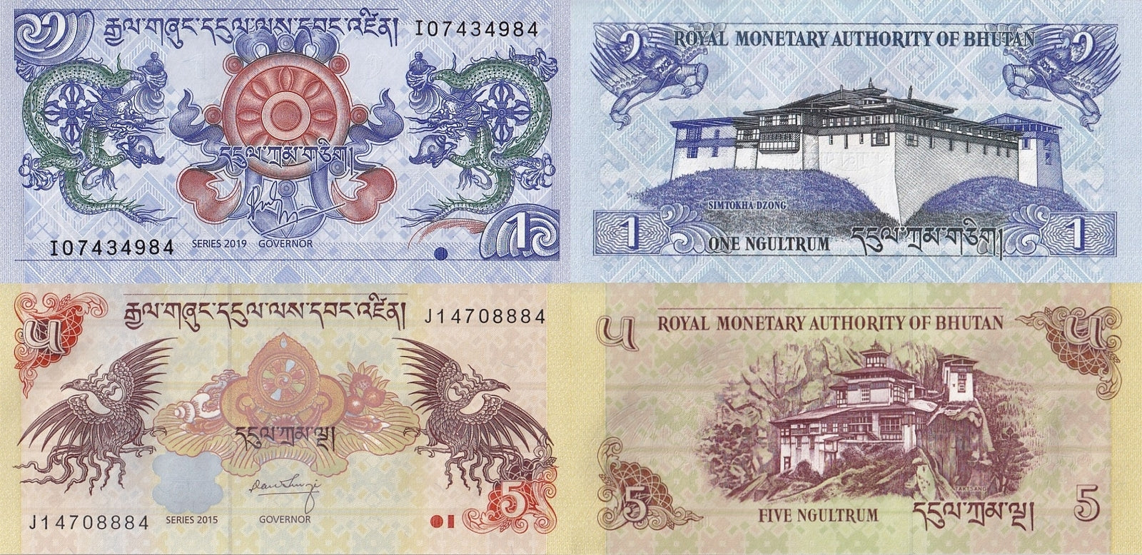 Bhutan 1 5 Ngultrum 2015-2019 P 27 28c UNC Set 2 pcs