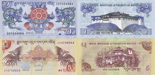 Bhutan 1 5 Ngultrum 2015-2019 P 27 28c UNC Set 2 pcs