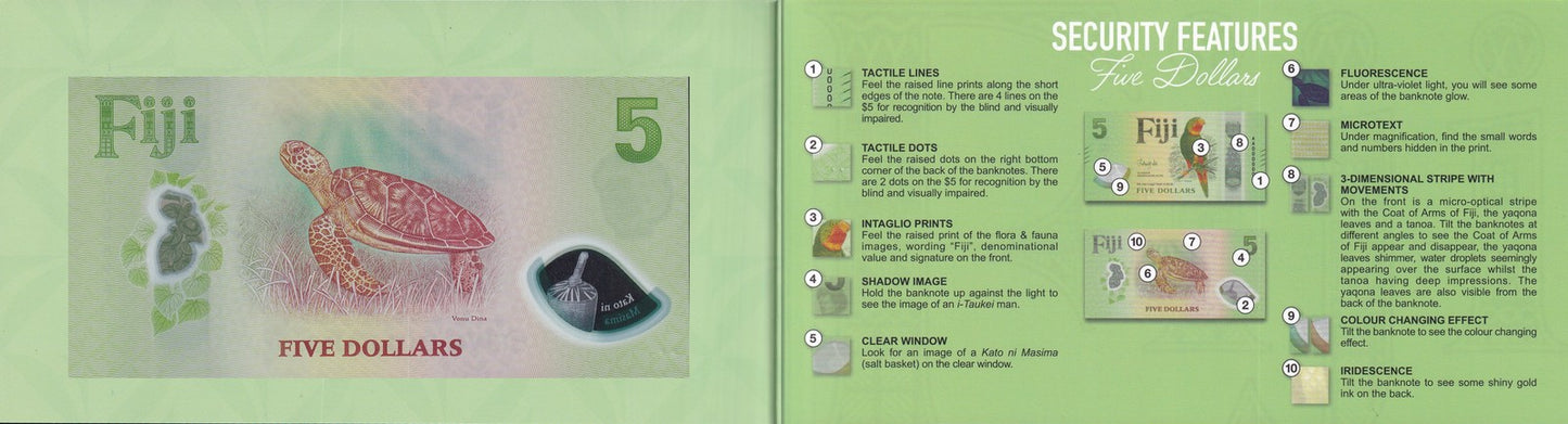 Fiji 5 Dollars 2026 P New Polymer Design UNC AA Prefix With Folder