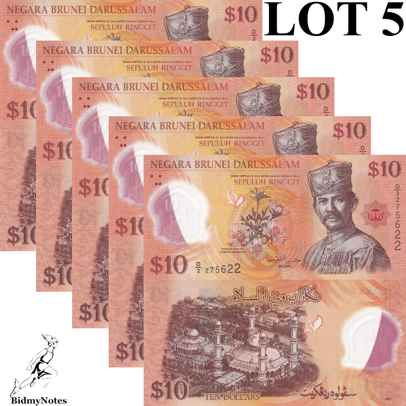Brunei 10 Ringgit 2011 P 37 Polymer UNC 1/20 Bundle LOT 5 pcs