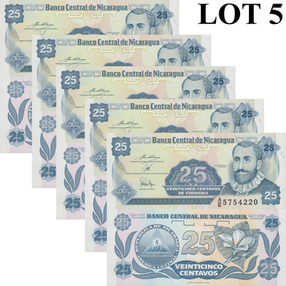 Nicaragua 25 Centavos de Cordoba ND (1991) P 170 UNC 1/20 Bundle Lot 5 pcs