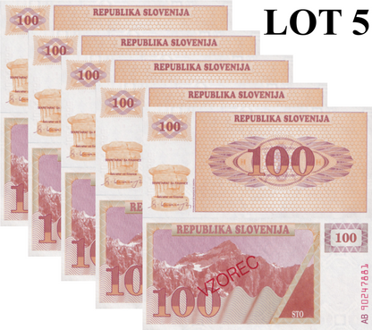 Slovenia 100 Tolarjev 1990 P 6 UNC SPECIMEN 1/20 Bundle Lot 5 pcs