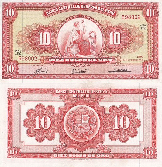 Peru 10 Soles De Oro Random Year P 84 UNC