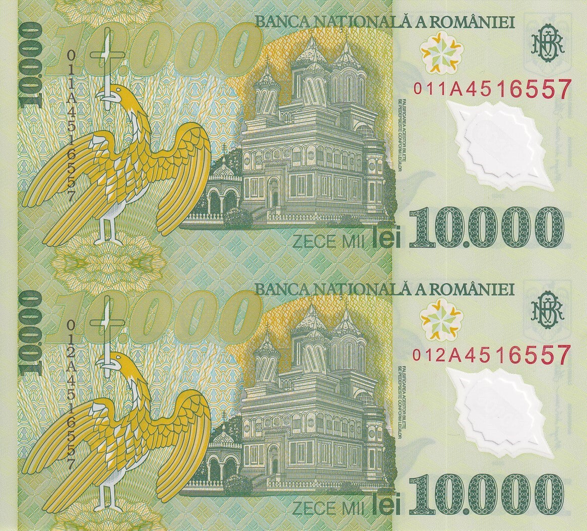 Romania 10000 Lei 2001 P 112b Polymer UNC (UNCUT 2 in 1 ) Banknote Sheet