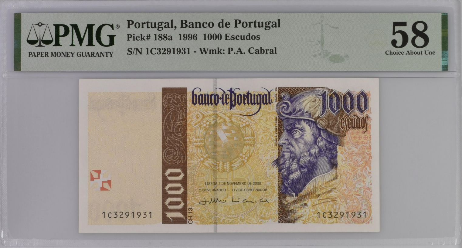 Portugal Banco de Portugal 1000 Escudos 1996 P 188a AU PMG 58