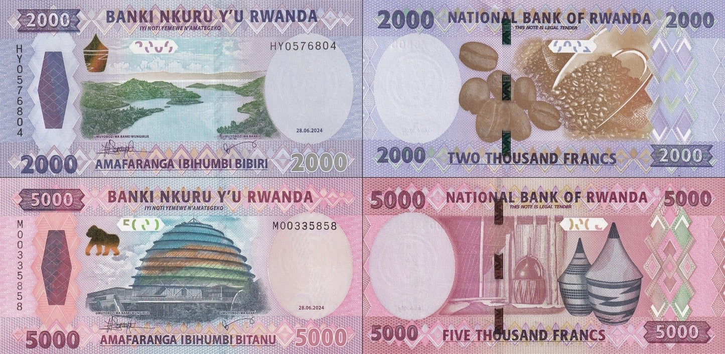Rwanda 2000 5000 Francs Amafaranga 2024 P 44 45 New Design UNC Set 2 pcs Lot 5