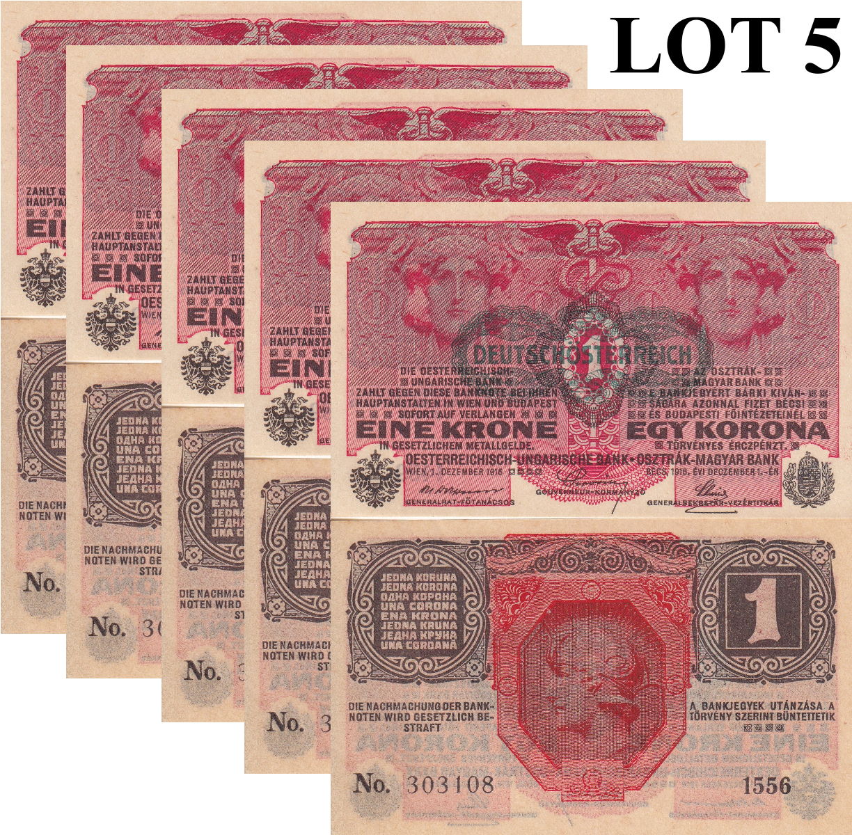 Austria 1 Krone 1961 P 49 AU 1/20 Bundle Lot 5 pcs