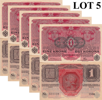 Austria 1 Krone 1961 P 49 AU 1/20 Bundle Lot 5 pcs