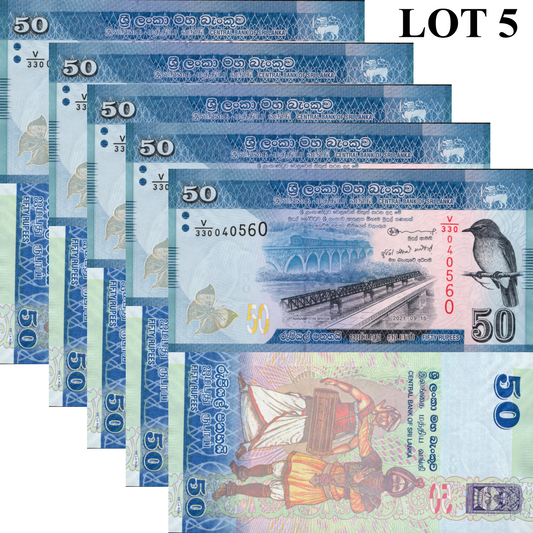 Sri Lanka 50 Rupees 2021 P 124 UNC 1/20 Bundle LOT 5 pcs