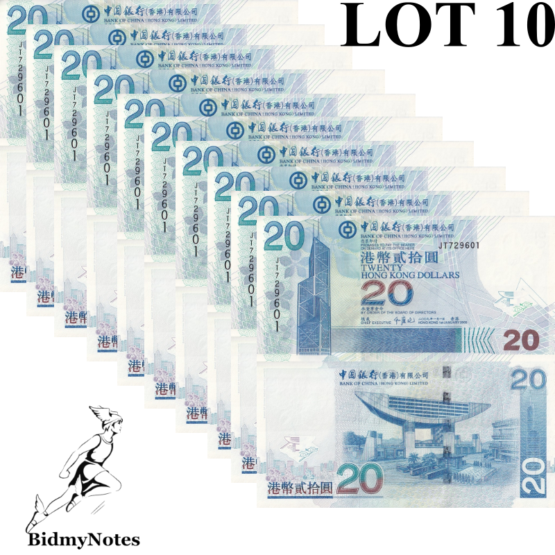 Hong Kong 20 Dollars 2009 P 335f UNC BOC 1/10 Bundle LOT 10 pcs