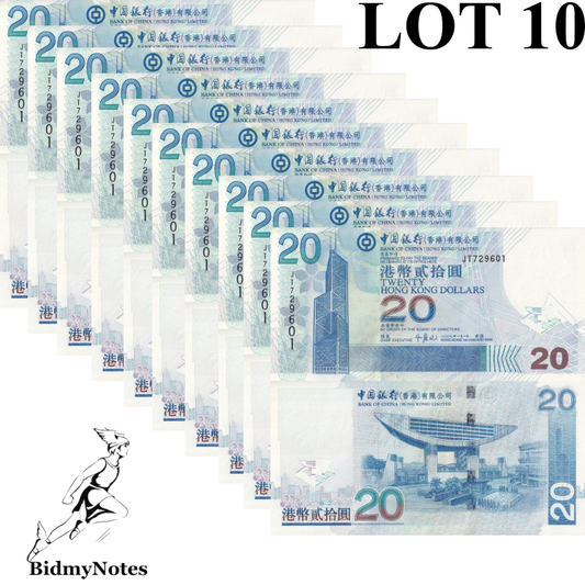 Hong Kong 20 Dollars 2009 P 335f UNC BOC 1/10 Bundle LOT 10 pcs