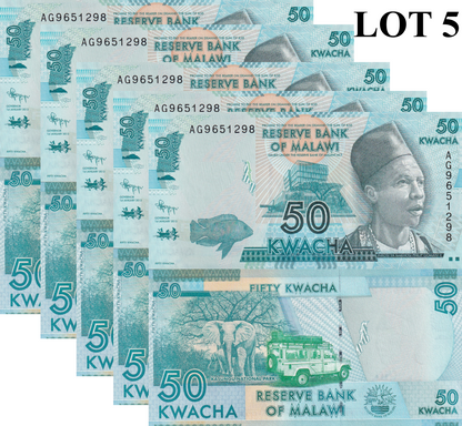 Malawi 50 Kwacha 2012 P 58a UNC 1/20 Bundle Lot 5 pcs