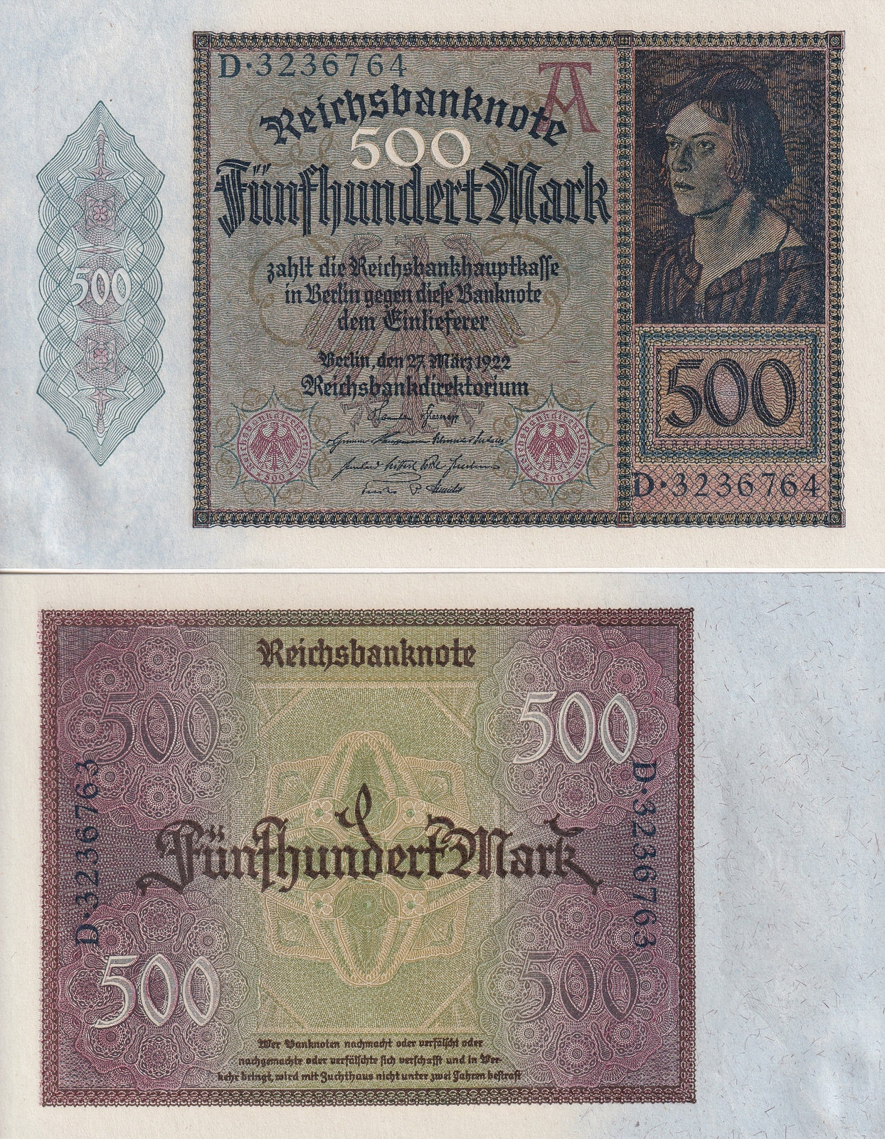 Germany Reichsbank 500 Mark 1922 P 73 UNC