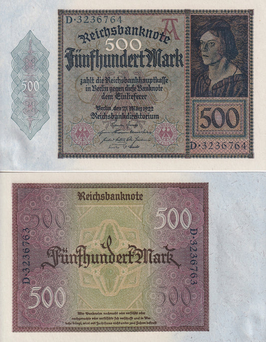 Germany Reichsbank 500 Mark 1922 P 73 UNC