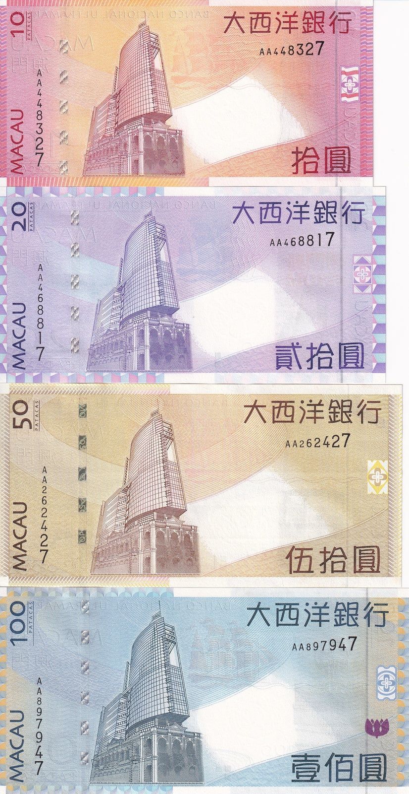Macau Macao 10 20 50 100 Patacas 2009-2010 P 80b 81b 81Aa 82b UNC BNU Set 4 pcs