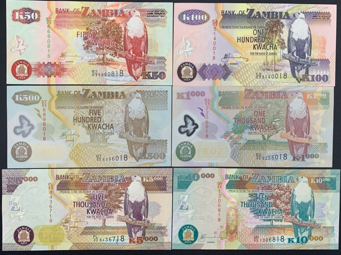 Zambia 50 100 500-10000 Kwacha 2010-2011 P 37i-46g Paper Polymer UNC Set 6 pcs