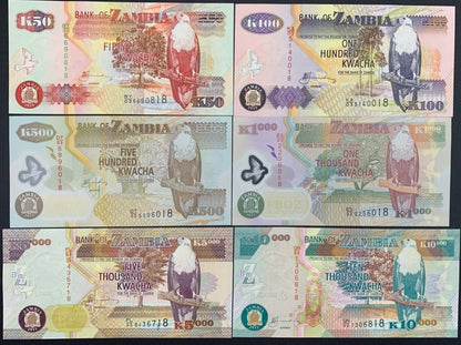 Zambia 50 100 500-10000 Kwacha 2010-2011 P 37i-46g Paper Polymer UNC Set 6 pcs