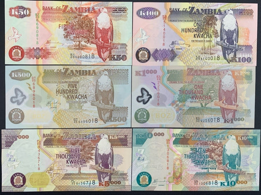 Zambia 50 100 500-10000 Kwacha 2010-2011 P 37i-46g Paper Polymer UNC Set 6 pcs
