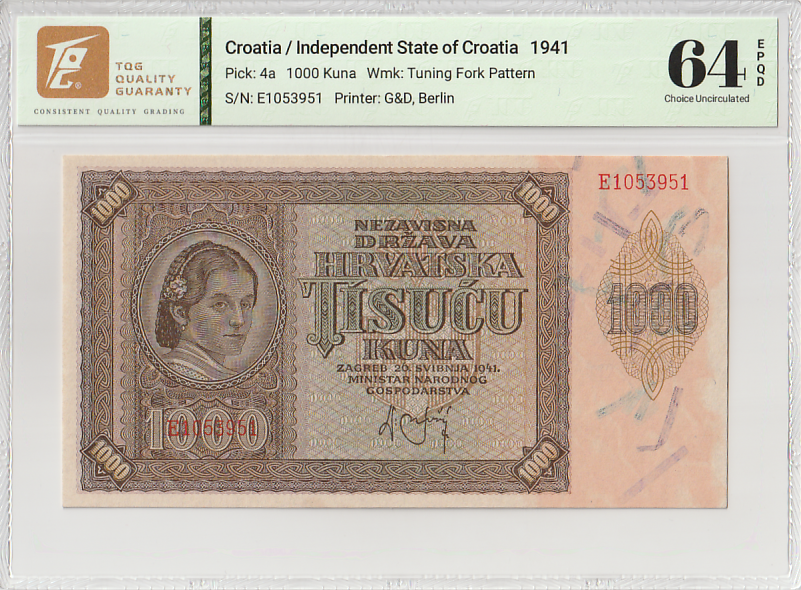 Croatia Independent State of 1000 Kuna 1941 P 4a UNC TQG 64 EPQD With Hard Case