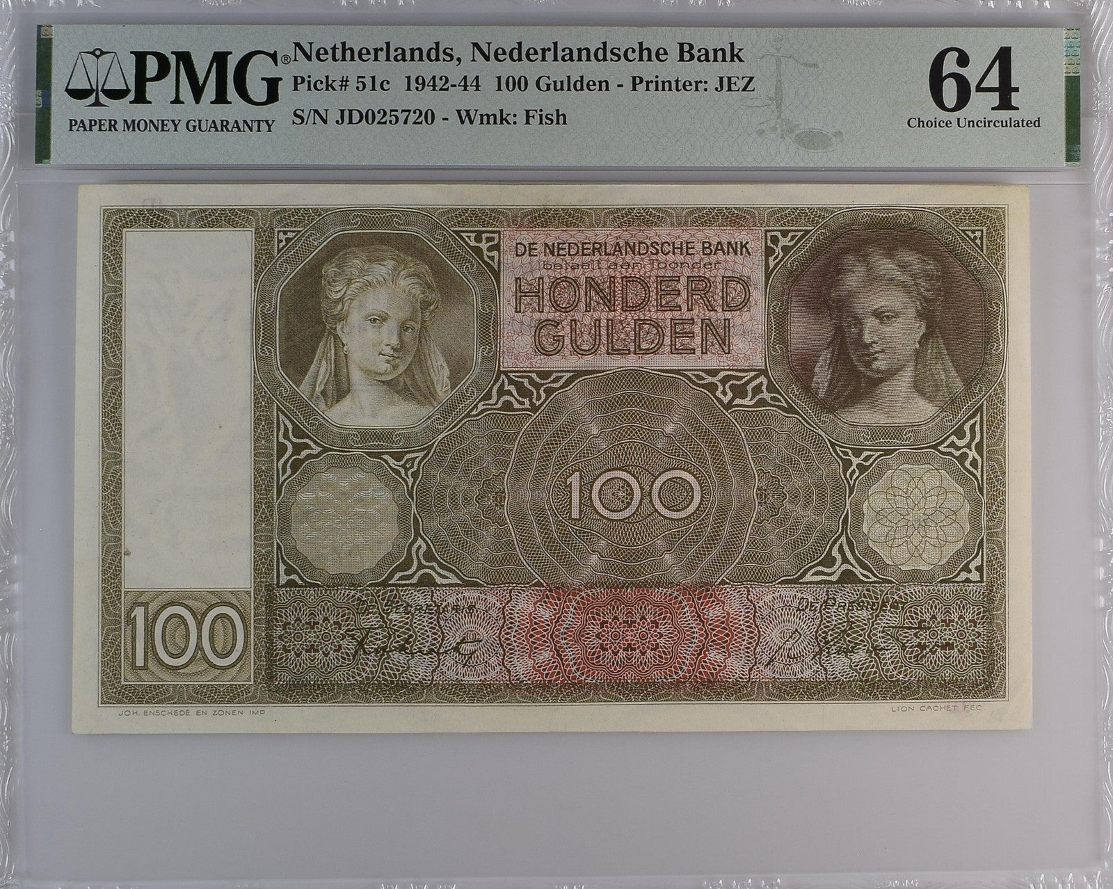 Netherlands Nederlandsche Bank 100 Gulden 1942-44 P 51c UNC PMG 64