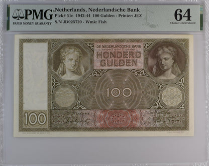 Netherlands Nederlandsche Bank 100 Gulden 1942-44 P 51c UNC PMG 64