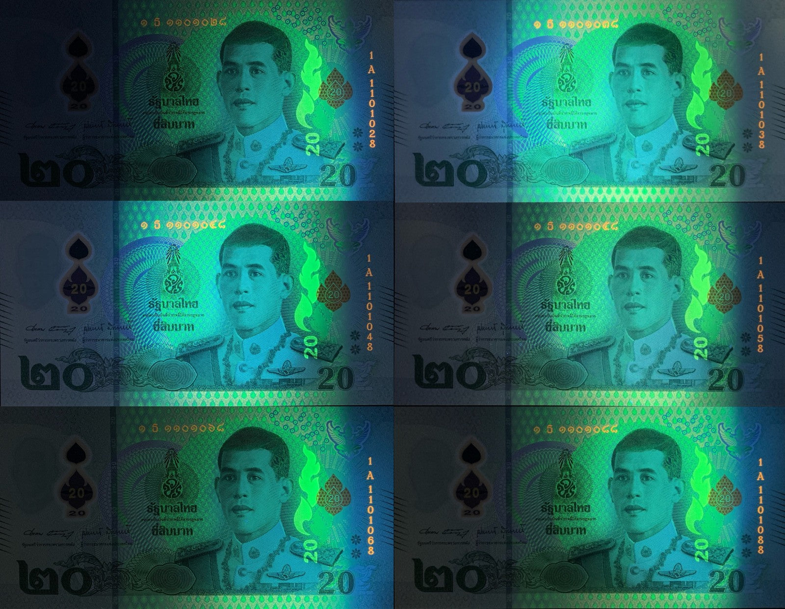 Thailand 20 Baht 2022 P 145(1-1) UNC Set 6 pcs Fancy NO.28 38 48 58 68 88